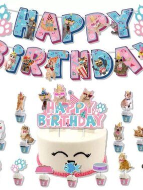 Cat Birthday Party Decorations Set – Pink and Blue Banner & Cupcake Toppers, Pet